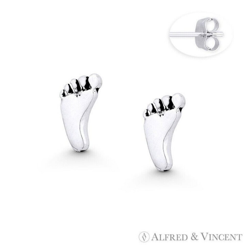 Baby's Footprint Charm Stud Earrings in Oxidized .925 Sterling Silver